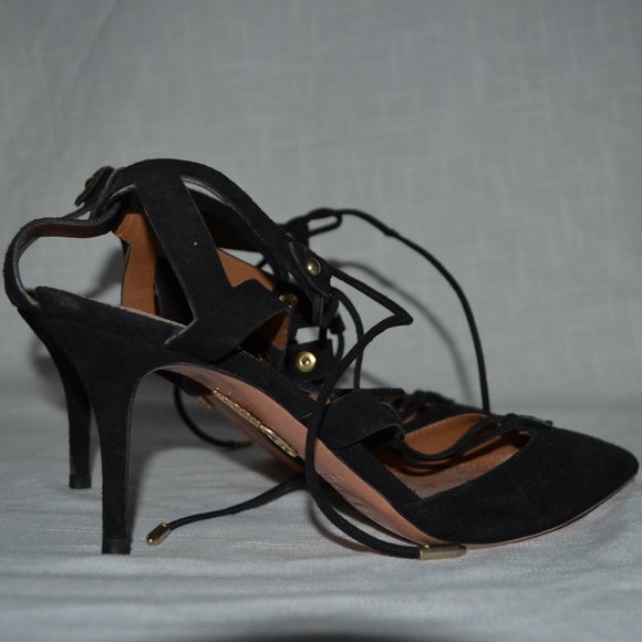 Sz 36.5 6.5 Aquazzura Black Suede Tie Up Cut Out Heels - Picture 7 of 10